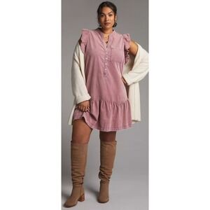Pilcro Anthropologie Flounced Corduroy Mini Dress Womens 3X Mauve Pink Ruffle
